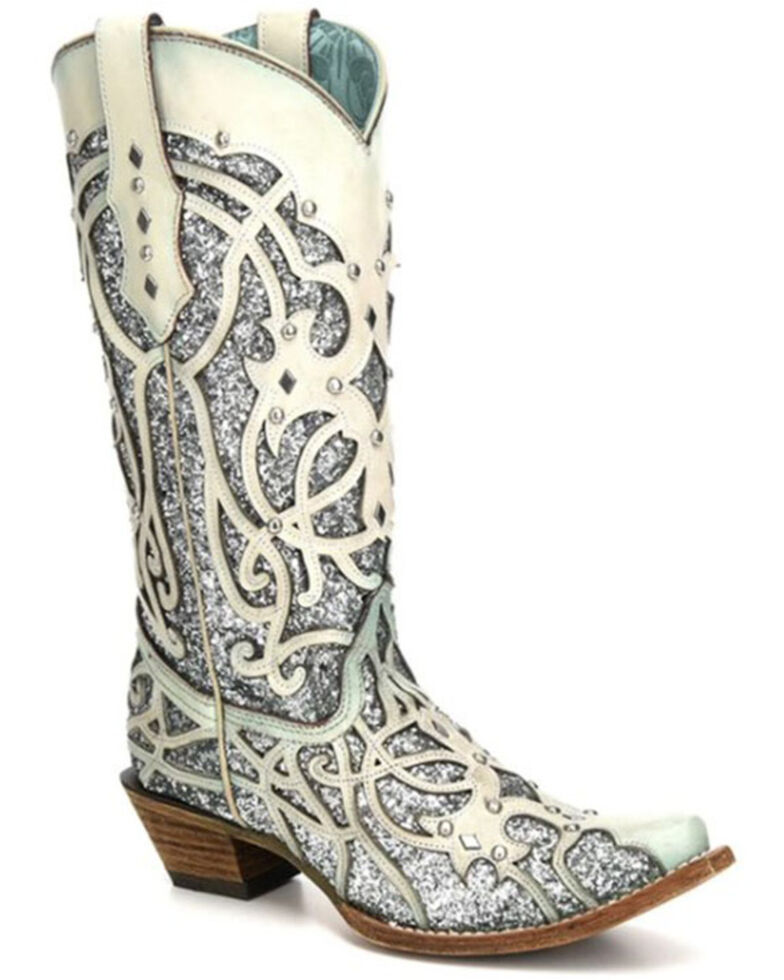Corral Women's White Turquoise Glitter Chameleon Sun Boots - Snip Toe , White, hi-res