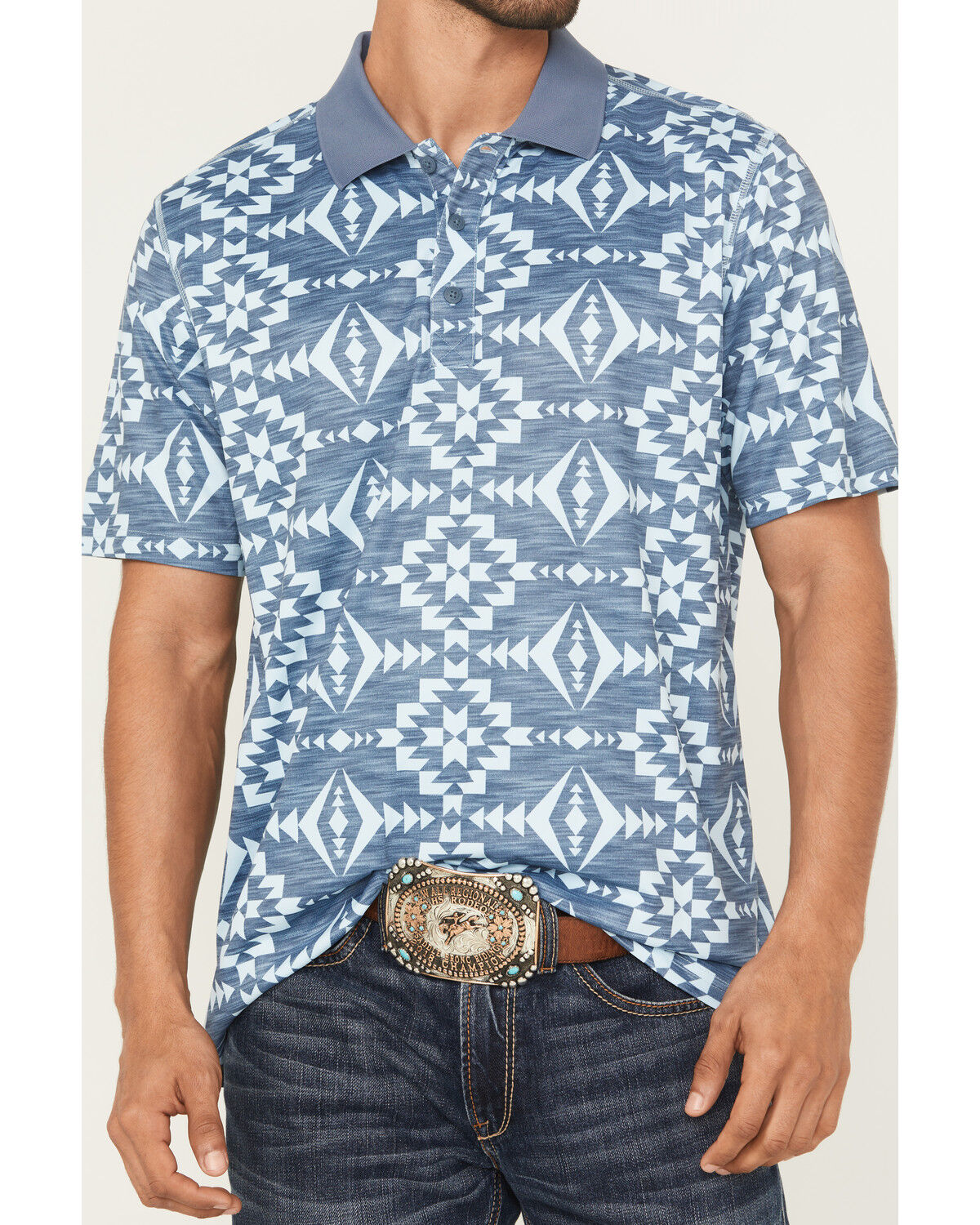 Image #3 - RANK 45® Men's Stock Southwestern Print Short Sleeve Polo, Light Blue, hi-res