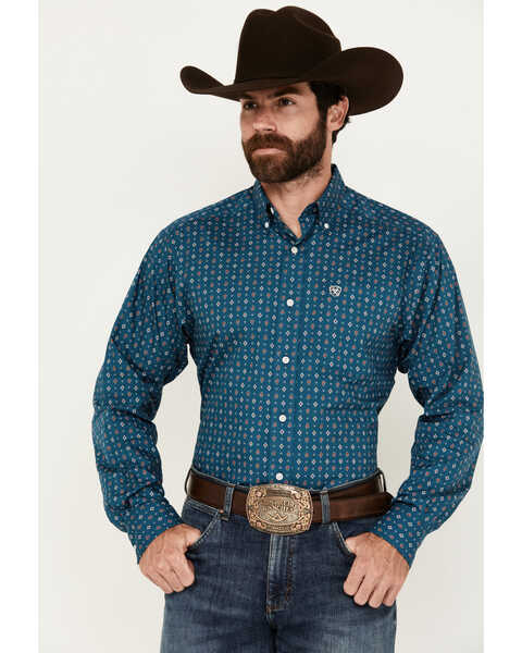 Image #1 - Ariat Men's Garrick Wrinkle Free Southwestern Paisley Print Long Sleeve Button-Down Shirt - Tall , Blue, hi-res