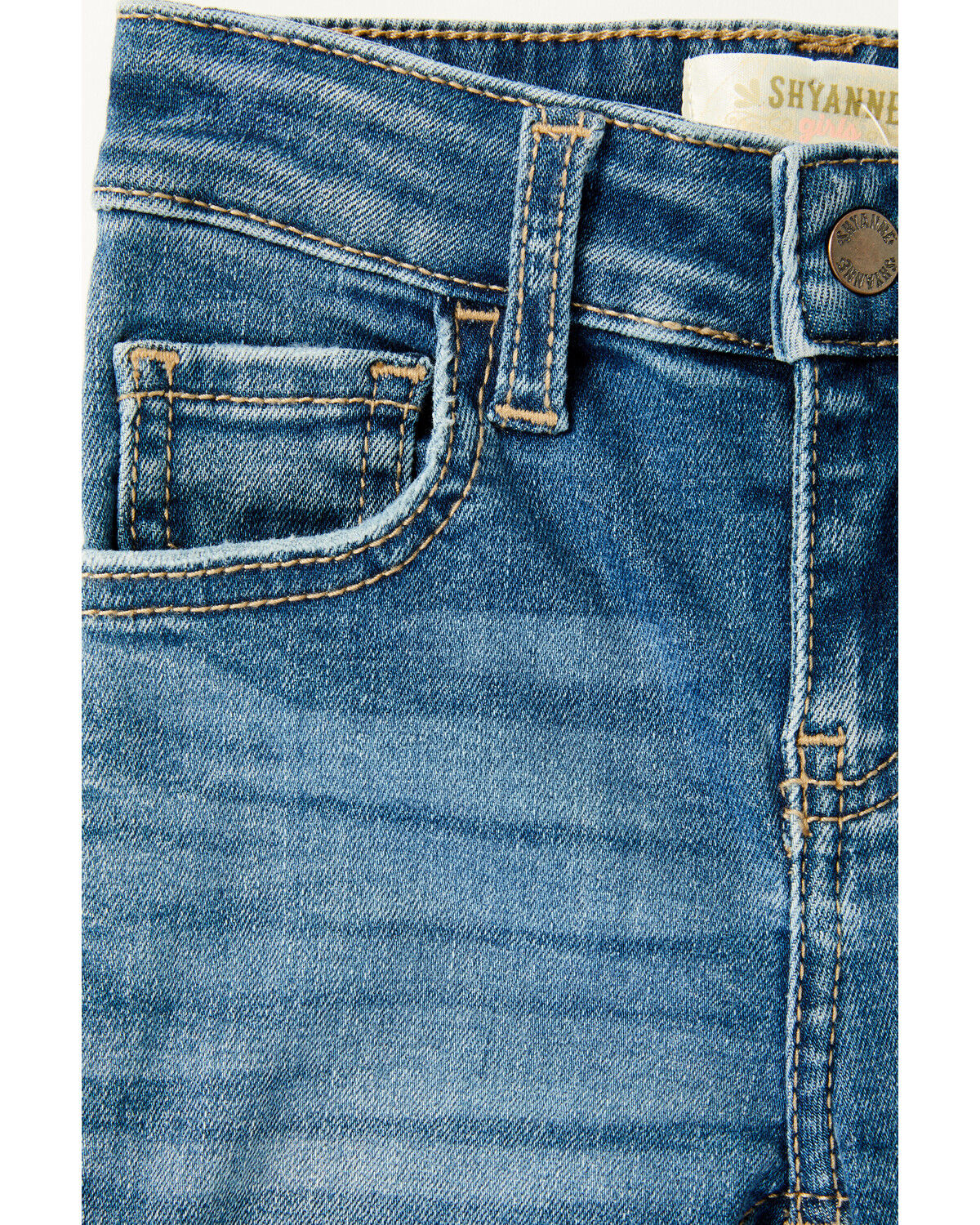 Image #2 - Shyanne Little Toddler Girls' Cimarron Twisted Side Seam Flare Stretch Denim Jeans, Medium Wash, hi-res