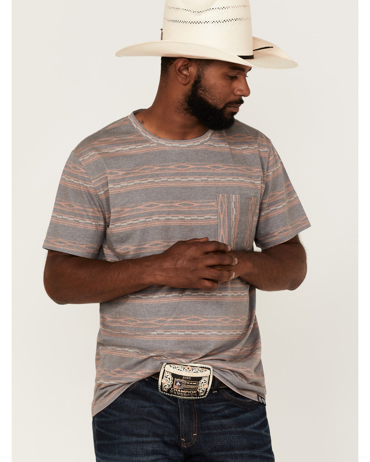 Rock & Roll Denim Men's Striped Short Sleeve Pocket T-Shirt, Charcoal, hi-res