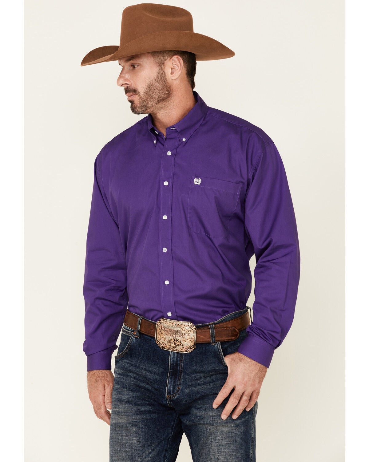 Cinch Men's Solid Long Sleeve Button-Down Western Shirt, Purple, hi-res