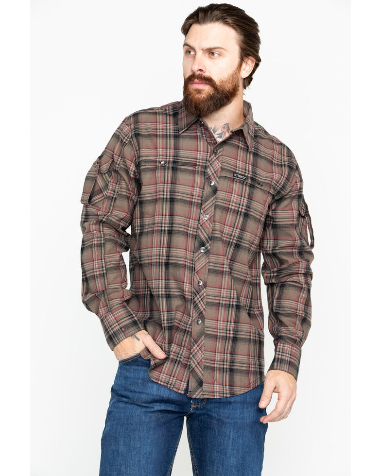 Outback Trading Co. Men's Plaid Laramie Perf. Long Sleeve Western Shirt , Olive, hi-res