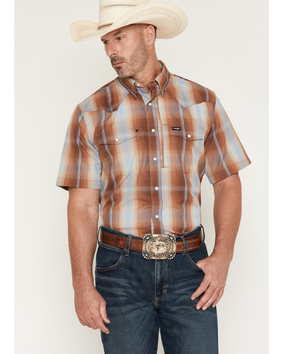 Wrangler ATG Men's Plaid Print Short Sleeve Snap Performance Western Shirt, Multi, hi-res