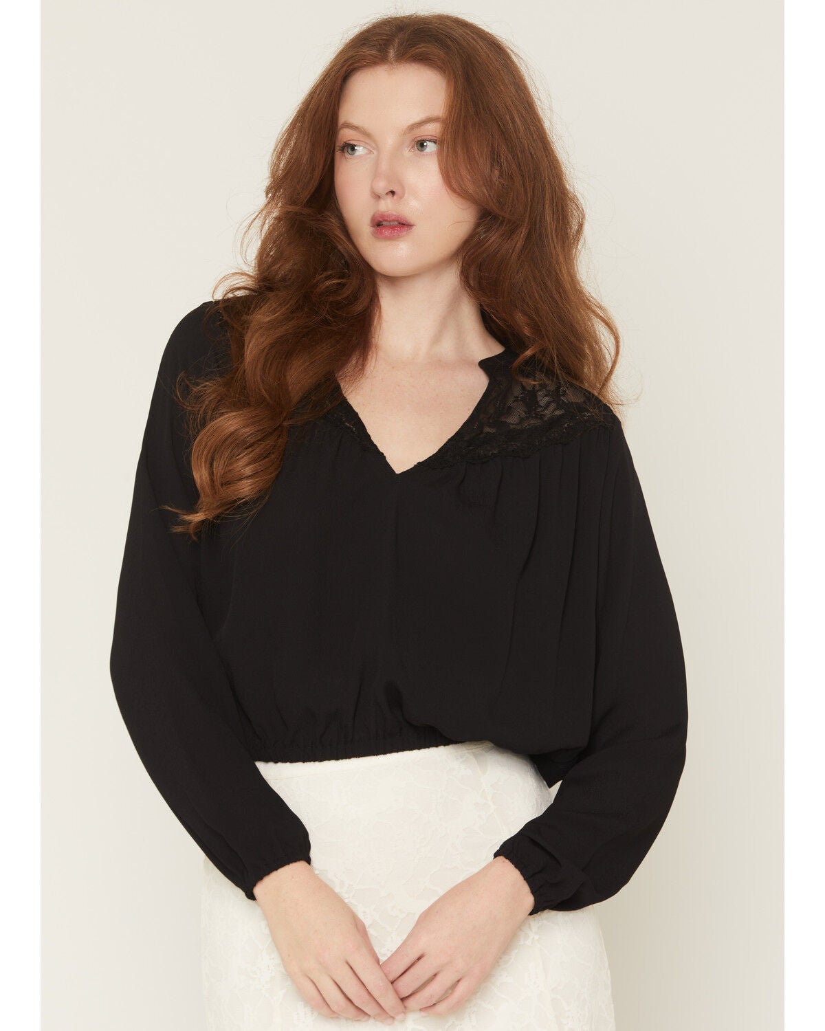 Image #1 - Idyllwind Women's Wren Lace Trim Long Sleeve Georgette Top, Black, hi-res