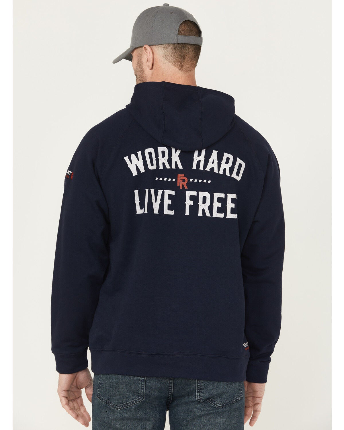 Ariat Men's FR Durastretch Work Hard Live Free Hooded Sweatshirt, Navy, hi-res