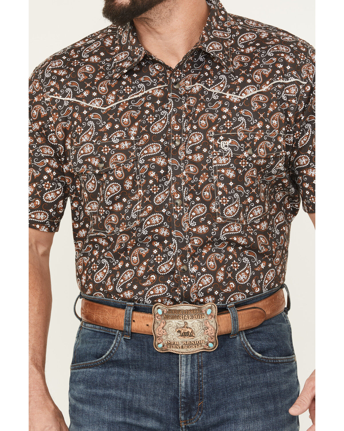 Image #3 - Cowboy Hardware Men's Paisley Print Short Sleeve Snap Stretch Western Shirt, Black, hi-res