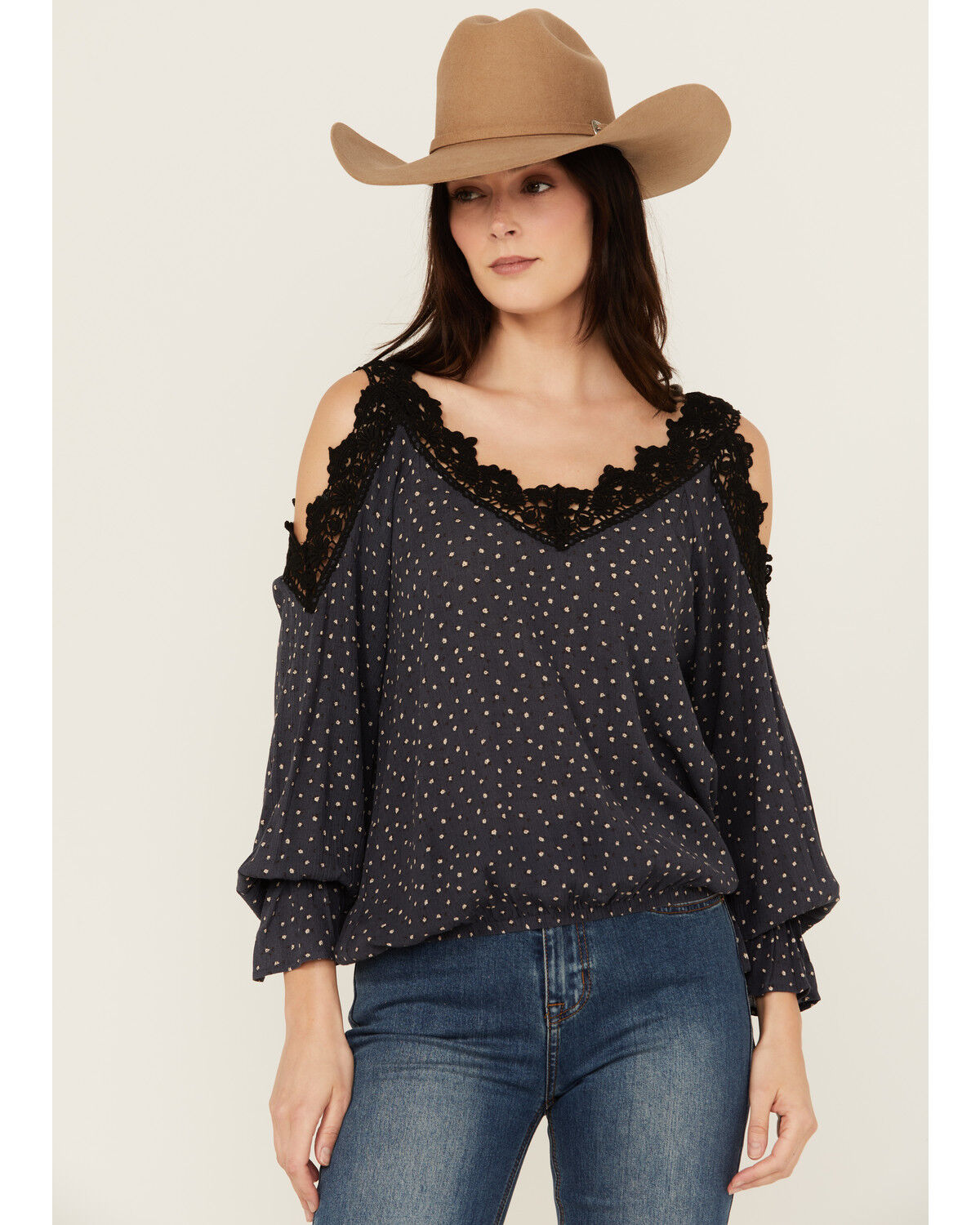 Image #1 - Wild Moss Women's Cold Shoulder Top, Navy, hi-res