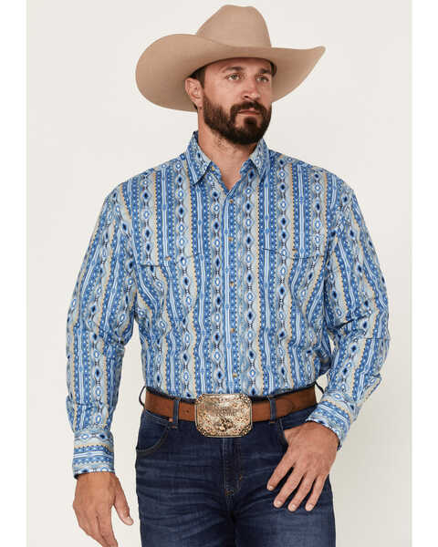Wrangler Men's Checotah Southwestern Stripe Snap Western Shirt , Blue, hi-res