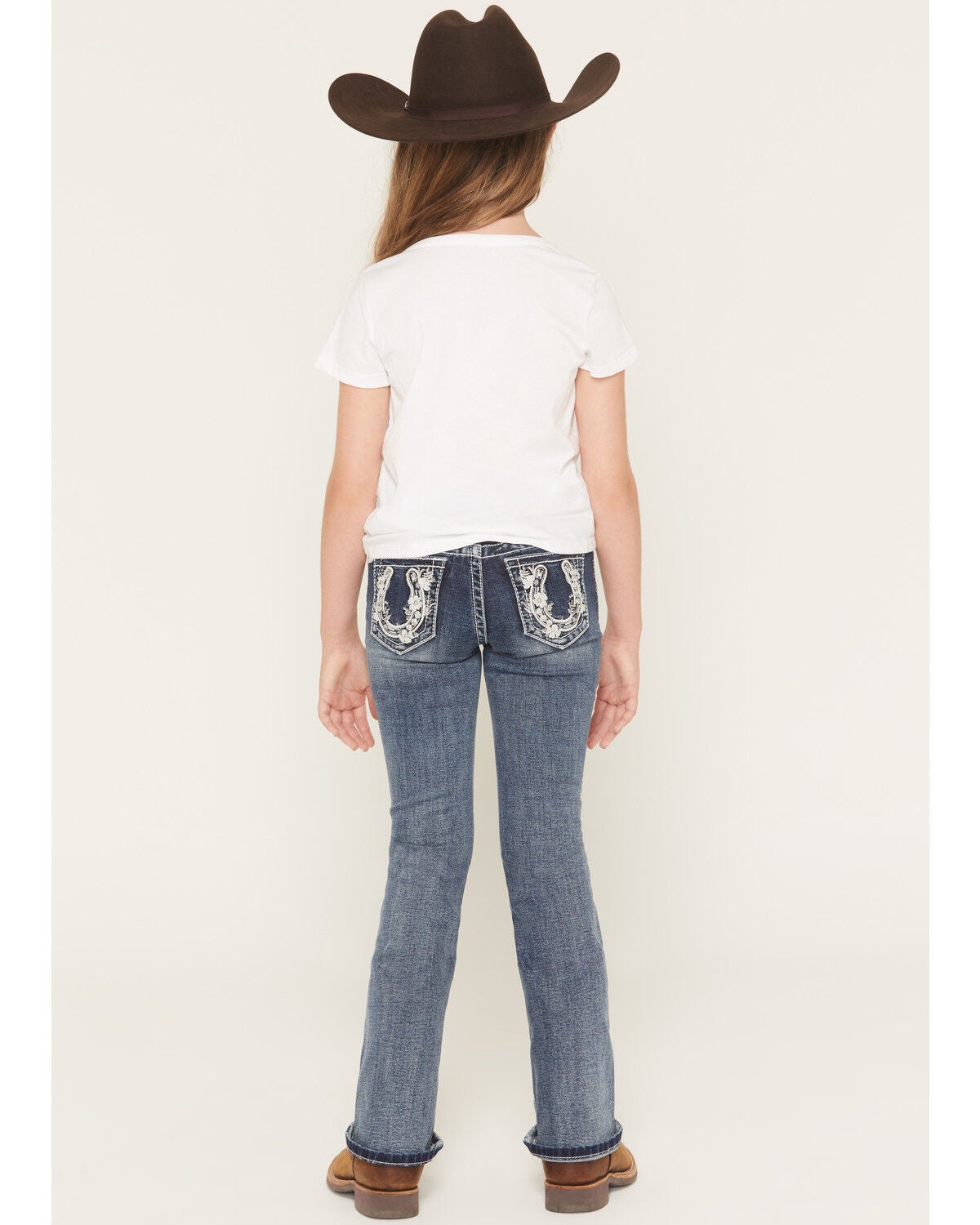 Grace in LA Girls' Floral Horseshoe Embroidered Bootcut Stretch Denim Jeans, Dark Wash, hi-res