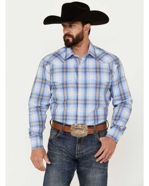 Image #1 - Roper Men's Amarillo Plaid Print Long Sleeve Pearl Snap Western Shirt, Blue, hi-res