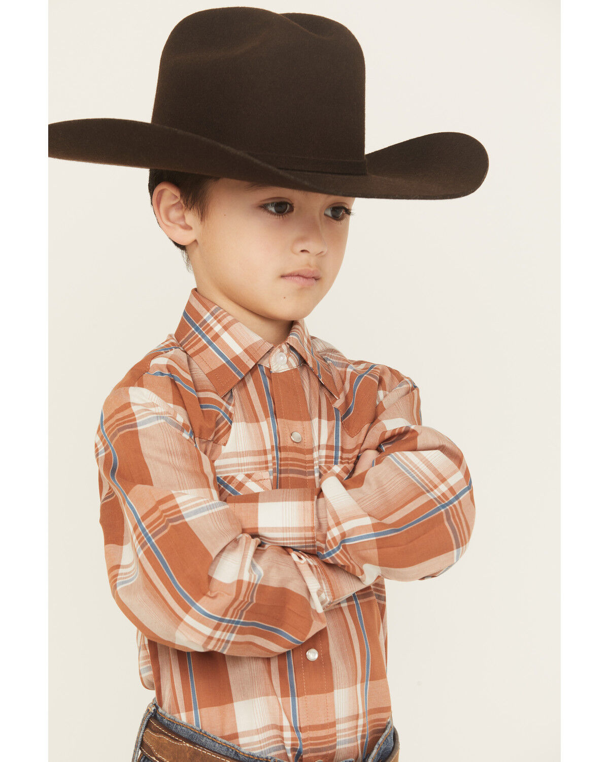 Image #2 - Ely Walker Boys' Plaid Print Long Sleeve Snap Western Shirt, Orange, hi-res