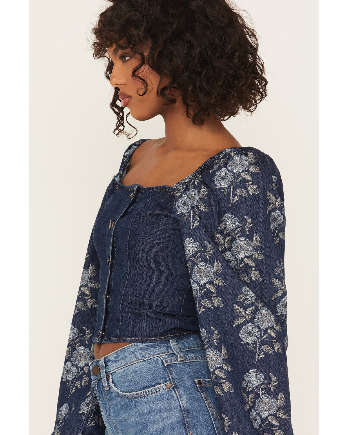 Image #2 - Wrangler Retro Women's Floral Tapestry Sleeve Denim Blouse, Dark Wash, hi-res