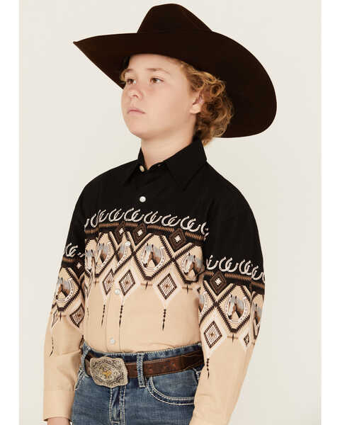 Image #2 - Panhandle Boys' Steers Scenic Border Print Long Sleeve Pearl Snap Western Shirt, Taupe, hi-res