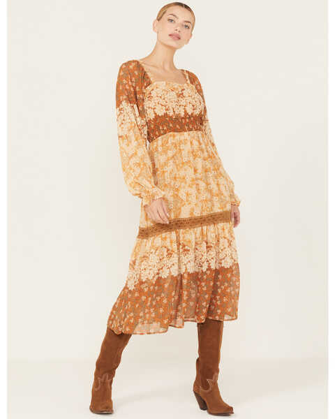 Miss Me Women's Floral Print Long Sleeve Midi Dress, Rust Copper, hi-res