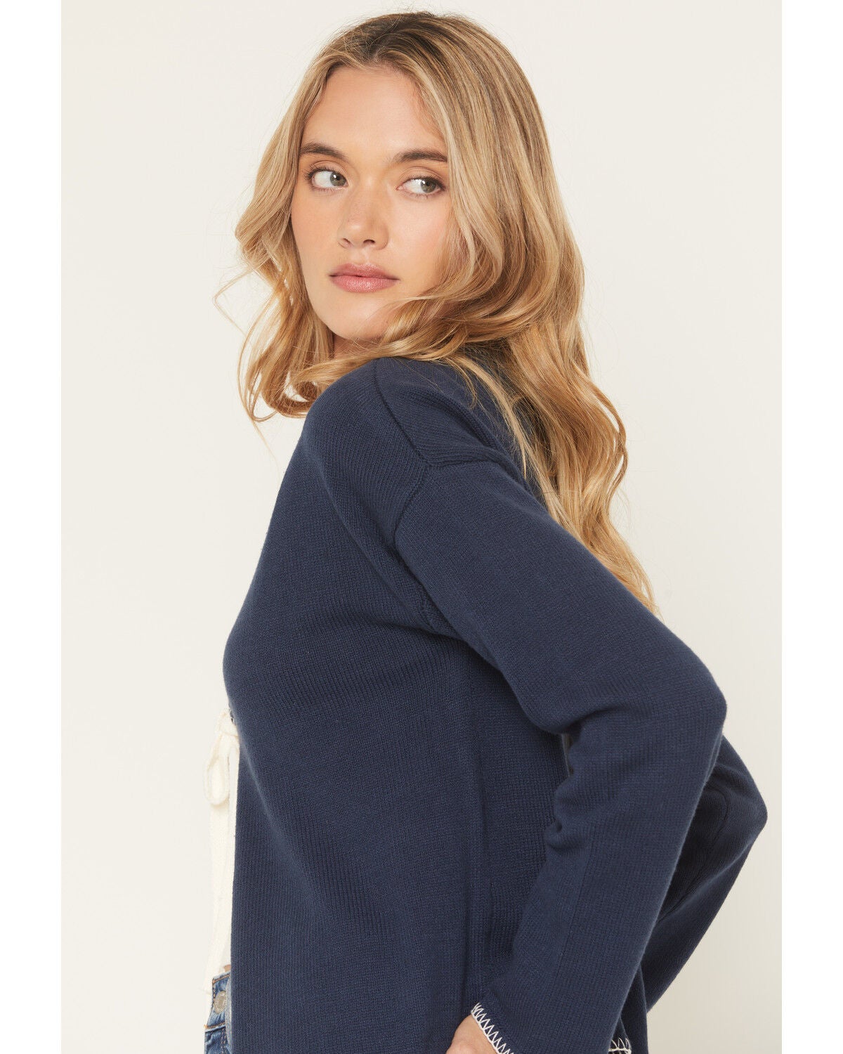 Image #2 - Originality Women's Whip Stitch Tie Front Sweater, Blue, hi-res
