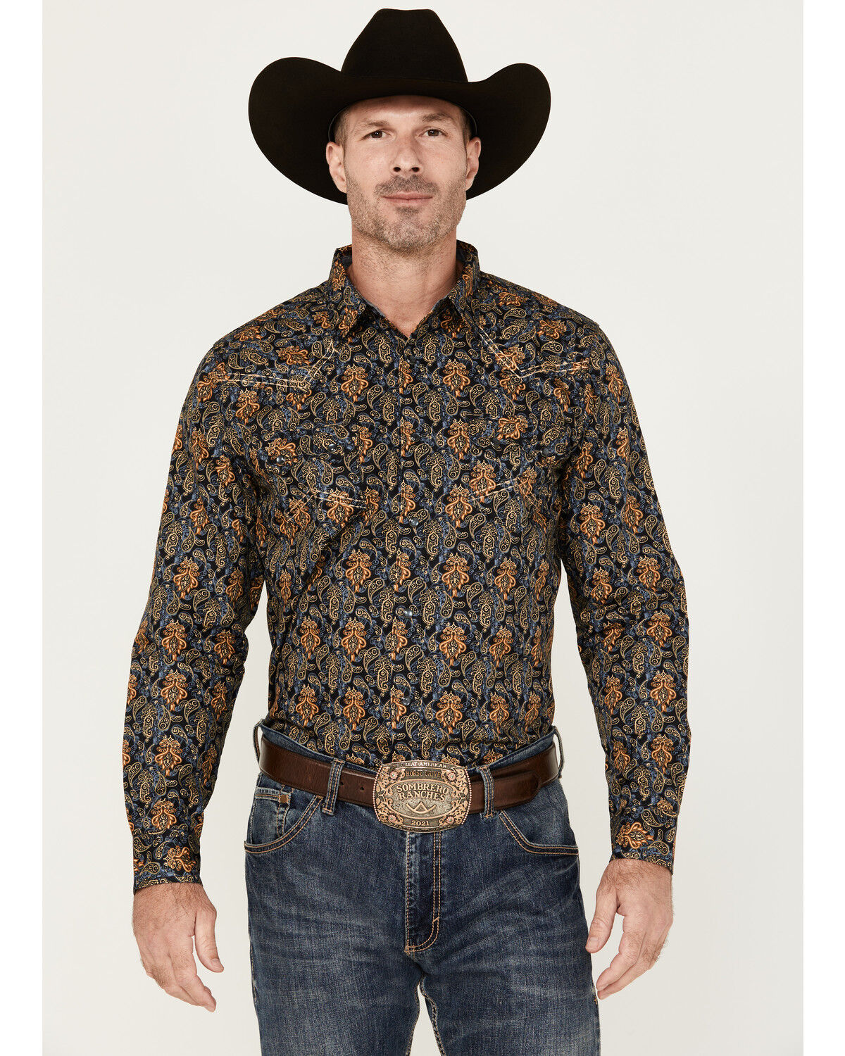 Image #1 - Cody James Men's Vaquero Paisley Print Long Sleeve Snap Western Shirt, Dark Blue, hi-res