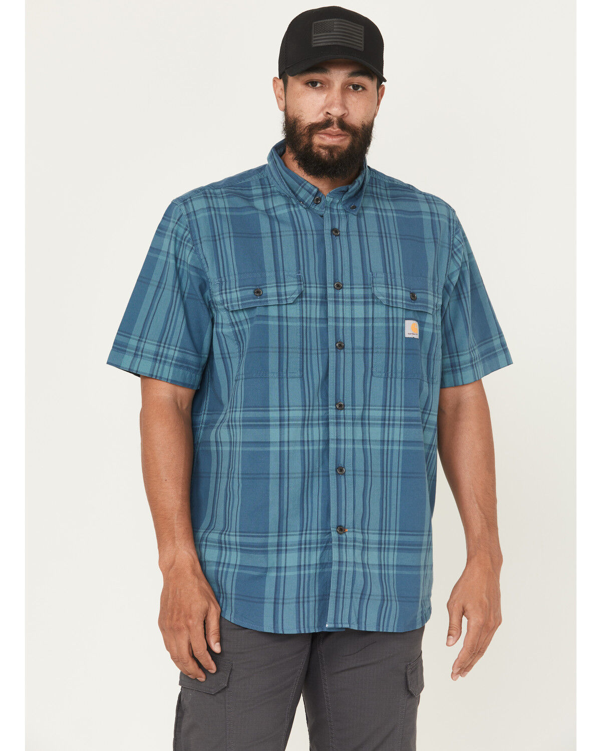 Image #1 - Carhartt Men's Plaid Print Loose Fit Midweight Short Sleeve Button-Down Work Shirt, Blue, hi-res