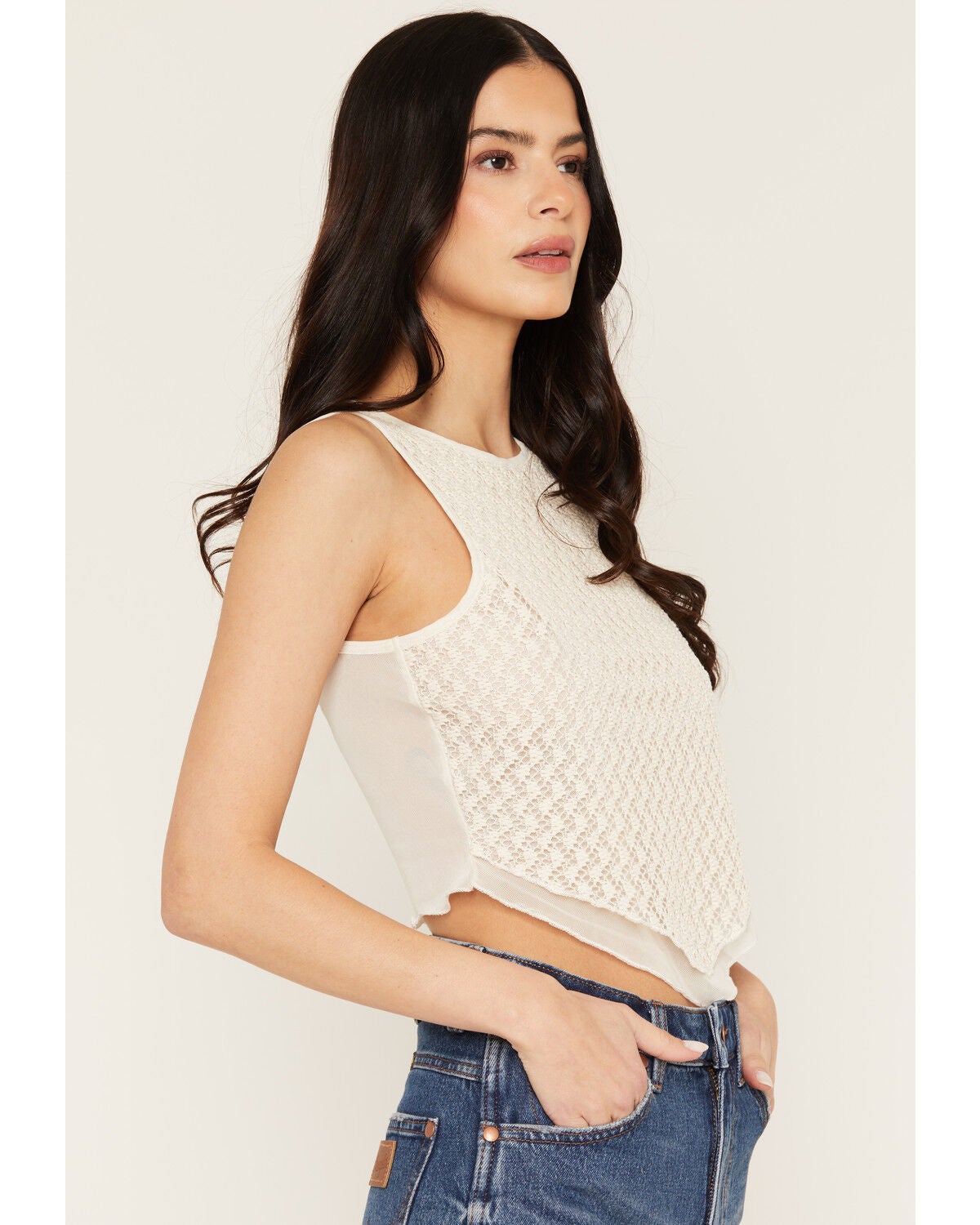 Image #2 - Ash & Violet Women's Crochet Sheer Point Hem Sleeveless Tank Top, Ivory, hi-res