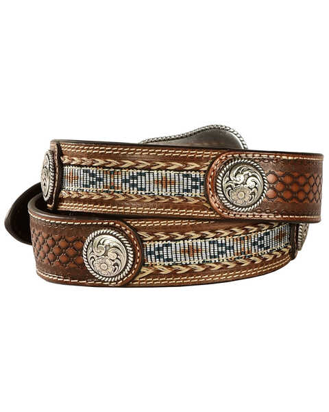 Image #3 - Ariat Men's Fabric Inlay Concho & Basketweave Leather belt, Natural, hi-res