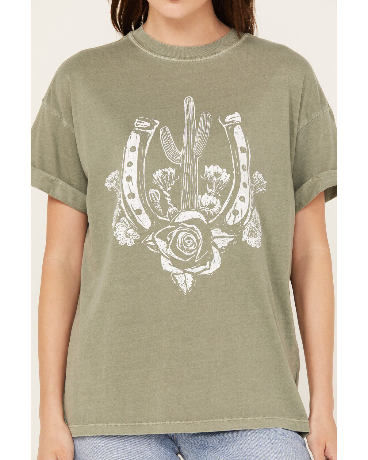 Image #3 - Girl Dangerous Women's Horseshoe Rose Boyfriend Graphic Tee, Green, hi-res