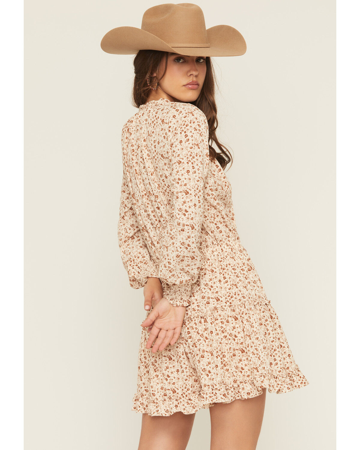 Image #4 - Yura Women's Floral Print Long Sleeve Smocked Mini Dress, Cream, hi-res