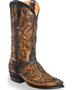El Dorado Men's Handmade Black and Tan Inlay Cowboy Boots – Snip Toe , Black, hi-res