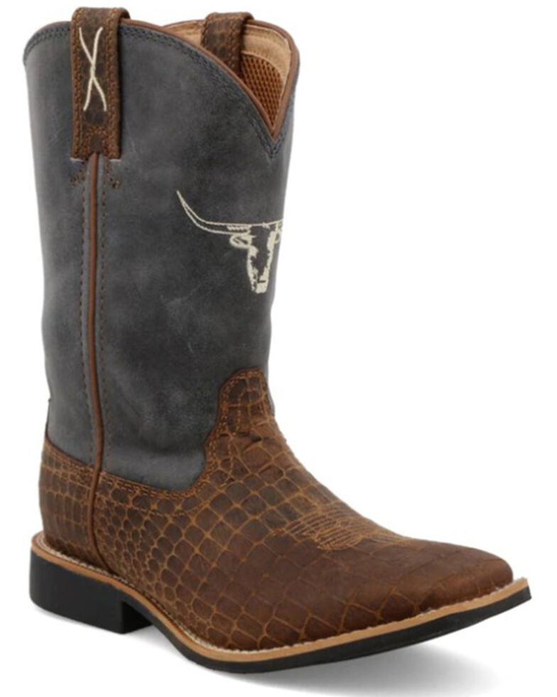 Twisted X Boys' Top Hand Brown & Blue Leather Western Boots - Wide Square Toe , Brown/blue, hi-res