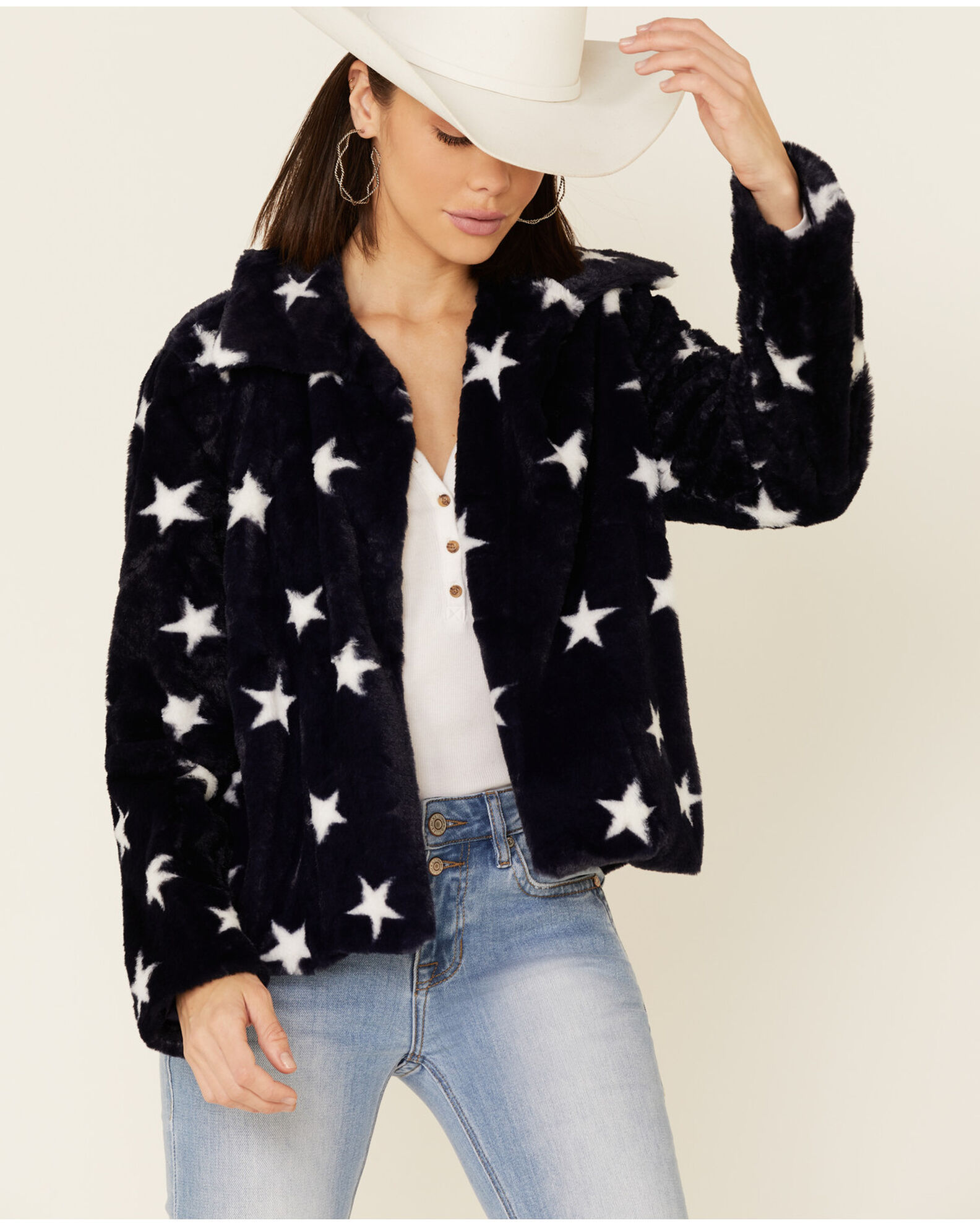 Hem Thread Women s Navy Star Print Faux Fur Jacket Country Outfitter