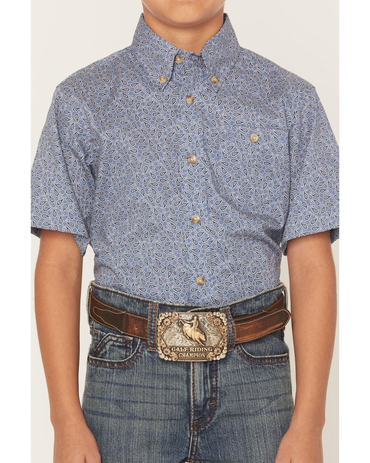 Image #3 - Wrangler Boys' Paisley Print Short Sleeve Button-Down Western Shirt, Blue, hi-res