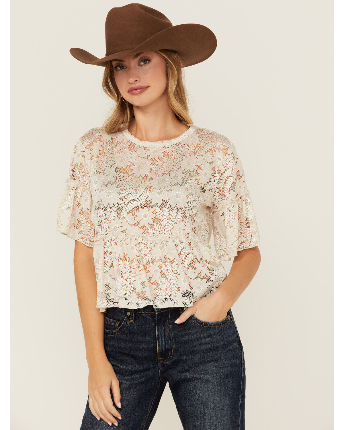 Image #1 - Originality Women's Lace Ruffle Short Sleeve Top, Stone, hi-res