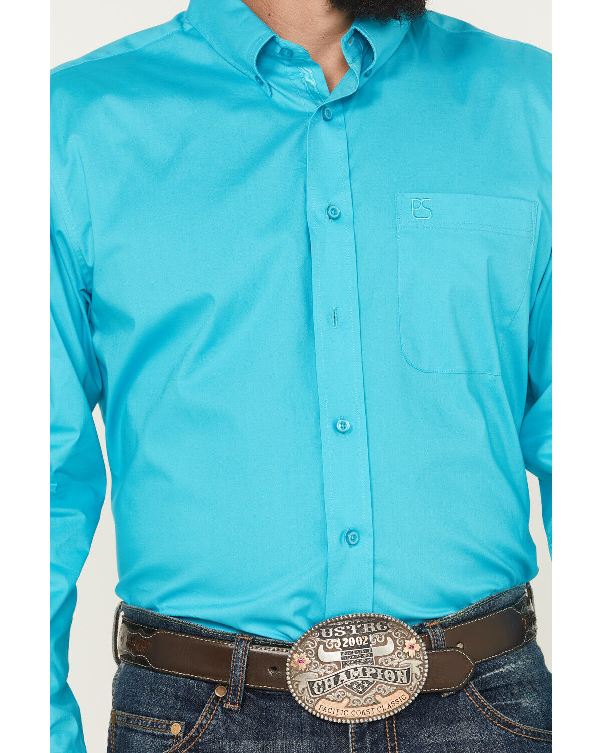 Image #3 - Panhandle Select Men's Solid Long Sleeve Button-Down Stretch Western Shirt, Teal, hi-res