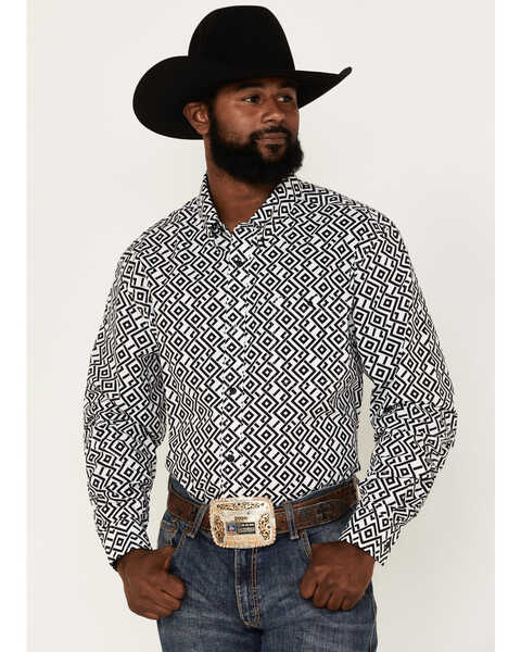 RANK 45 Men's Dillinger Geo Print Long Sleeve Button Down Stretch Western Shirt, White, hi-res
