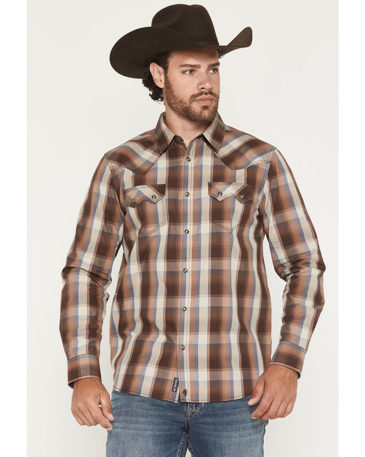 Moonshine Spirit&reg; Men's Claim Jump Plaid Print Snap Western Shirt, Brown, hi-res