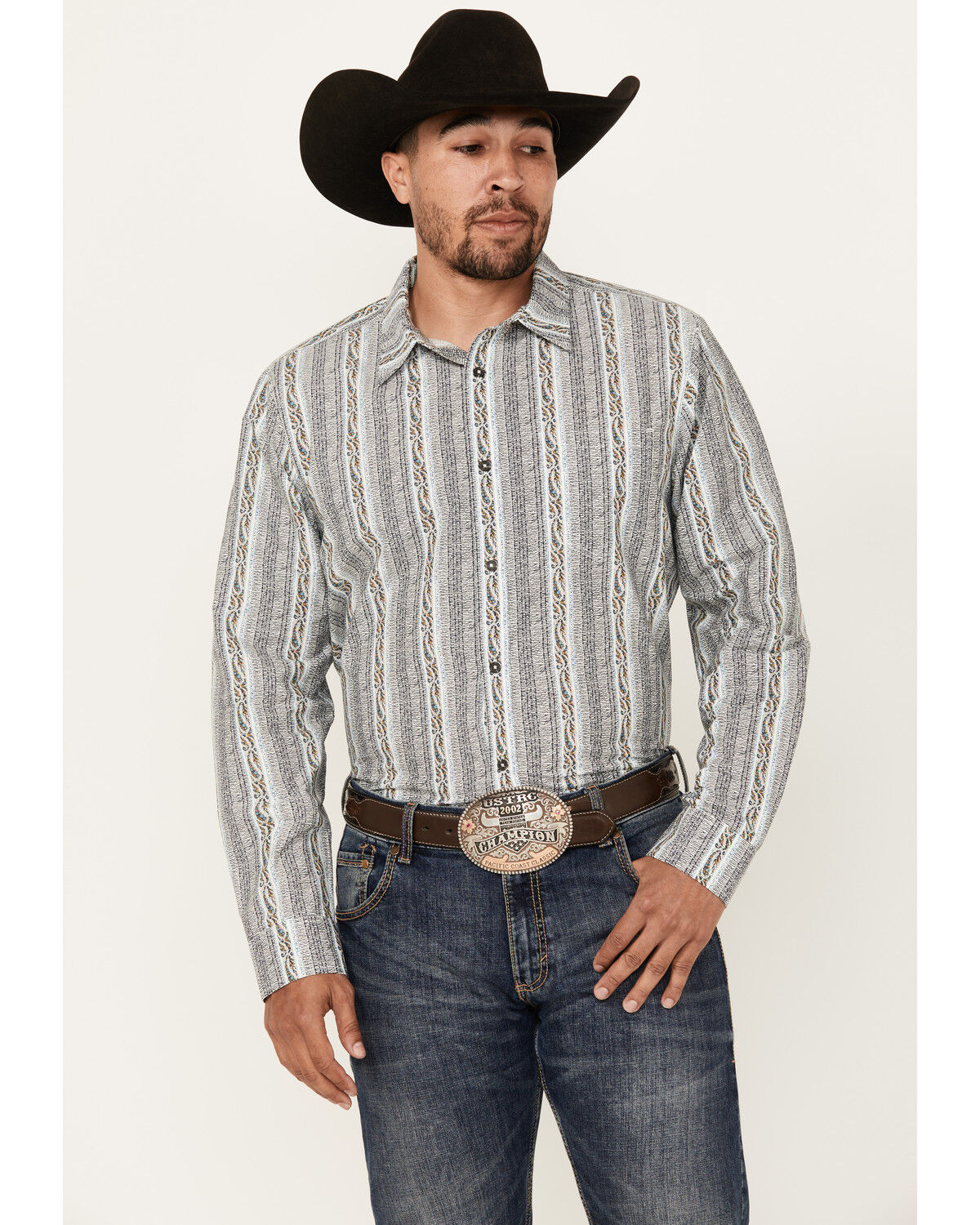 Image #1 - Gibson Trading Co Men's Rough Road Striped Print Long Sleeve Button-Down Western Shirt, White, hi-res