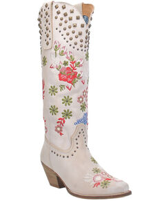 Dingo Women's Poppy White Studded Floral Embroiderd Leather Western Boot - Snip Toe , Off White, hi-res