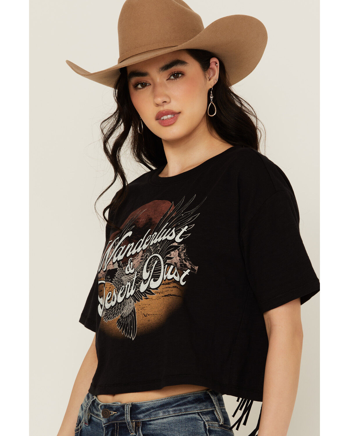 Image #2 - Shyanne Women's Wanderlust Fringe Back Short Sleeve Graphic Tee, Black, hi-res