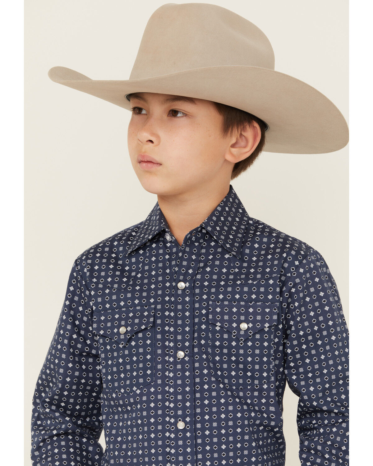 Image #2 - Ely Walker Boys' Geo Print Long Sleeve Snap Stretch Western Shirt, Navy, hi-res