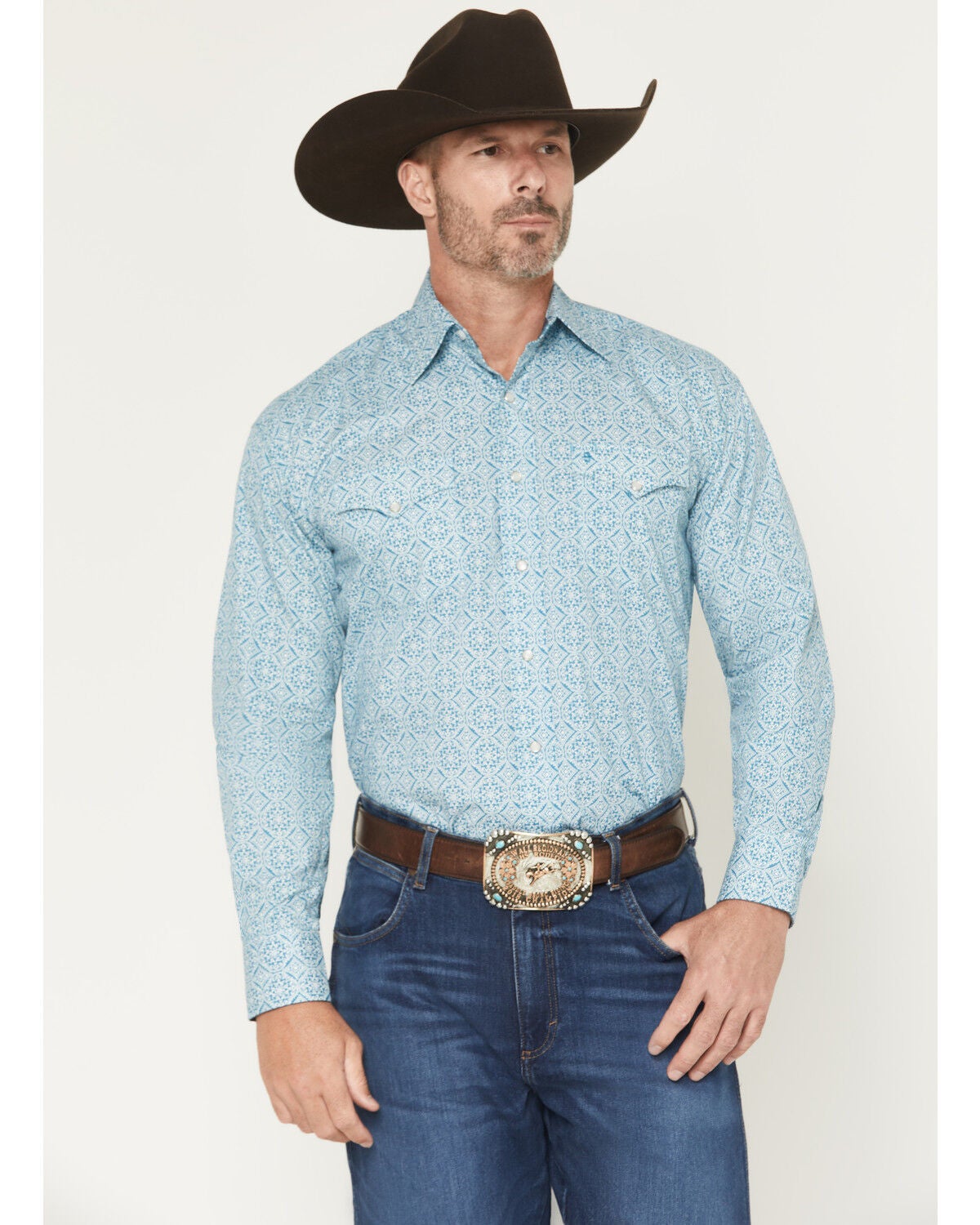 Stetson Men's Medallion Print Long Sleeve Pearl Snap Western Shirt, Green, hi-res