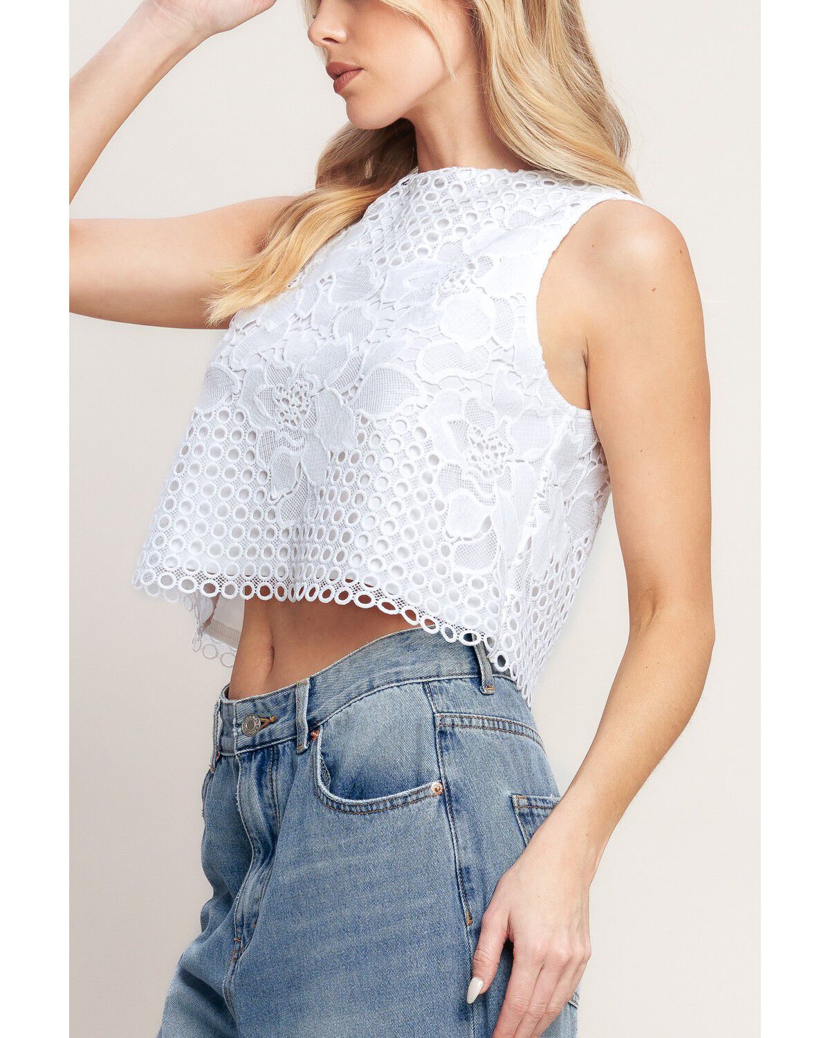 Image #3 - Flying Tomato Women's Sleeveless Floral Lace Cropped Blouse, White, hi-res