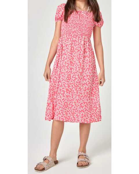 Trixxi Girls' Smocked Puff Sleeve Dress, Pink, hi-res