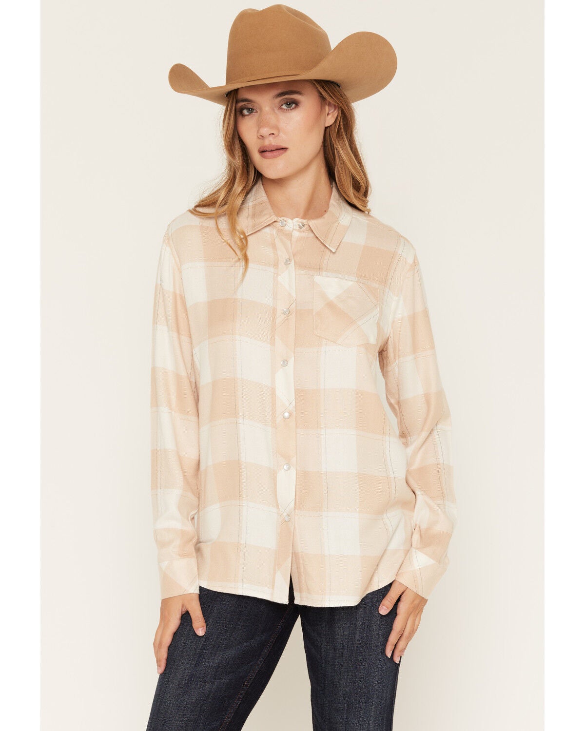 Idyllwind Women's Milligan Plaid Print Lurex Long Sleeve Pearl Snap Flannel Shirt, Cream, hi-res