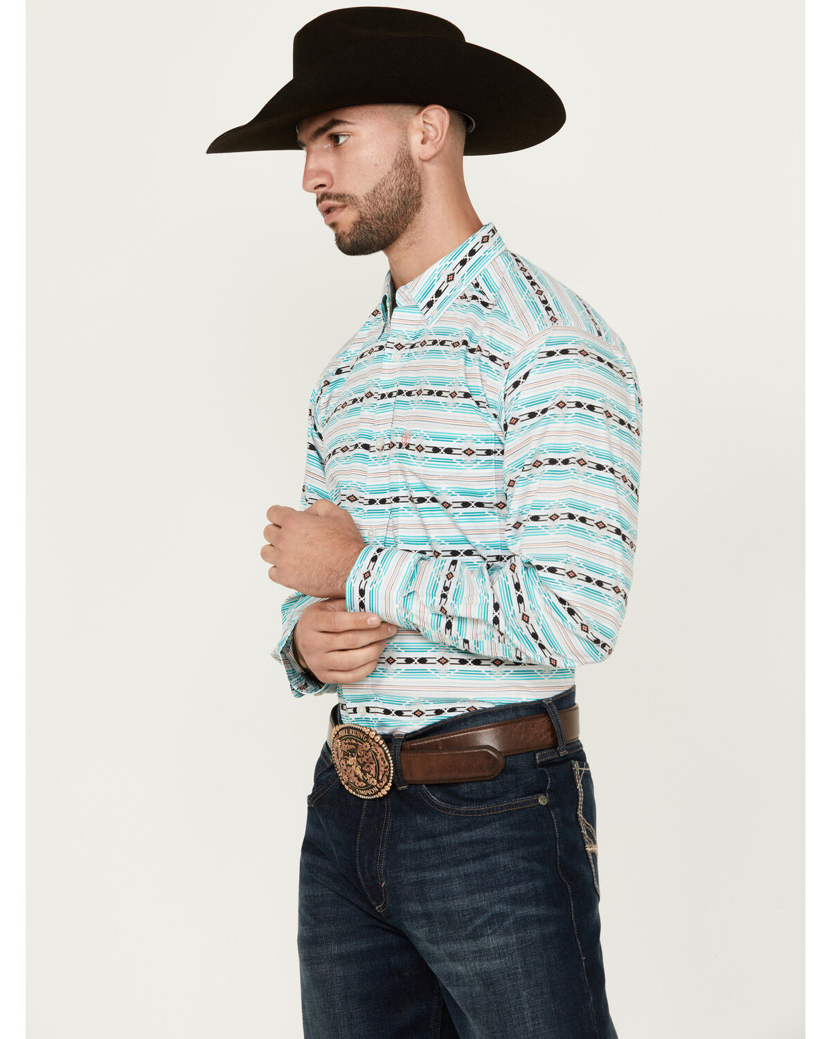 Image #2 - Ariat Men's Jefferson Southwestern Striped Long Sleeve Button-Down Western Shirt - Big, Turquoise, hi-res