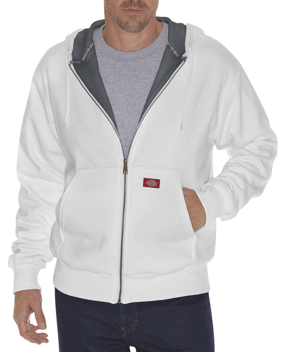 Dickies Men's Midweight Fleece Zip-Up Hooded Work Jacket, White, hi-res