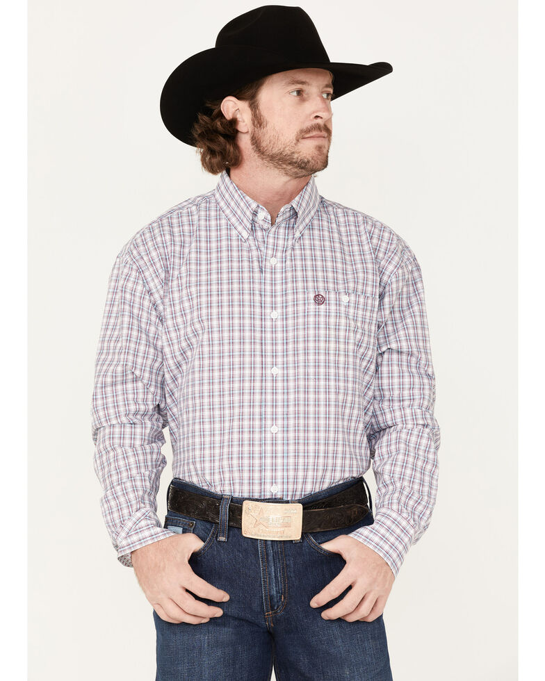 Wrangler Men's Small Plaid Long Sleeve Button-Down Shirt, Purple, hi-res