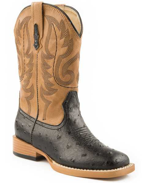 Roper Youth Boys' Ostrich Print Western Boots - Square Toe, Black, hi-res