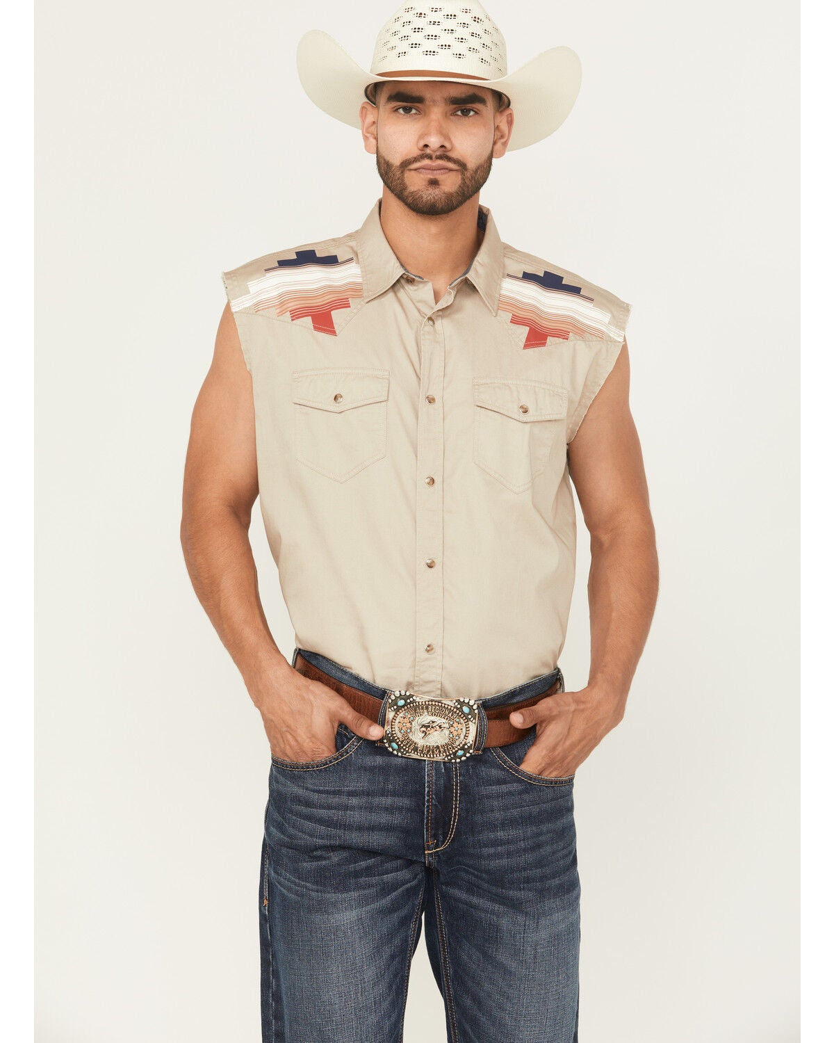 Cody James Men's Thunderbird Legends Cutoff Snap Western Shirt, Tan, hi-res