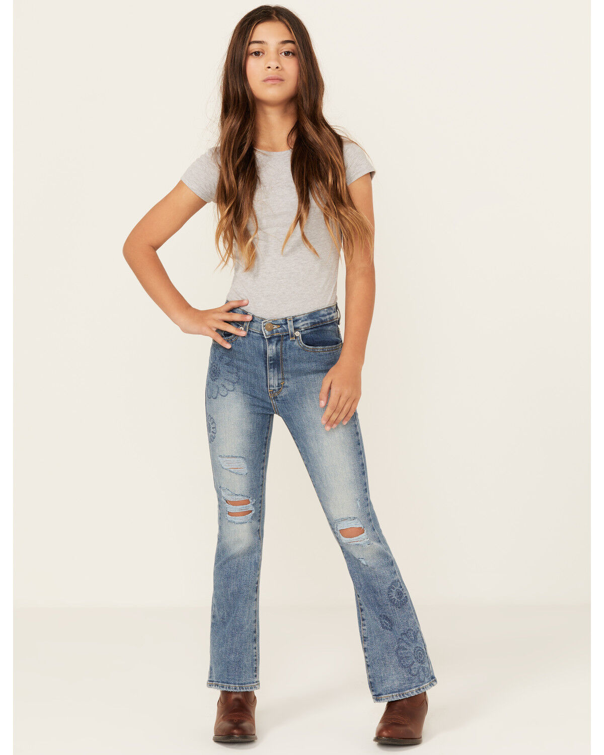 Image #1 - Levi's Girls' 726 Medium Wash Embroidered Stretch Flare Jeans, Blue, hi-res