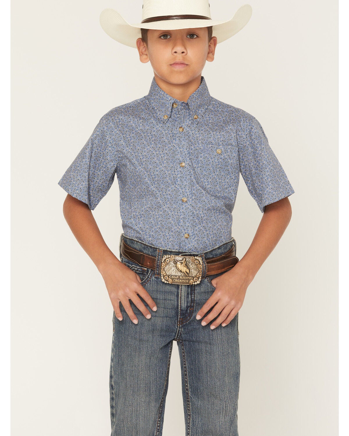 Wrangler Boys' Paisley Print Short Sleeve Button-Down Western Shirt, Blue, hi-res