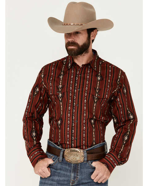 Wrangler Men's Southwestern Print Long Sleeve Snap Western Shirt, Red, hi-res